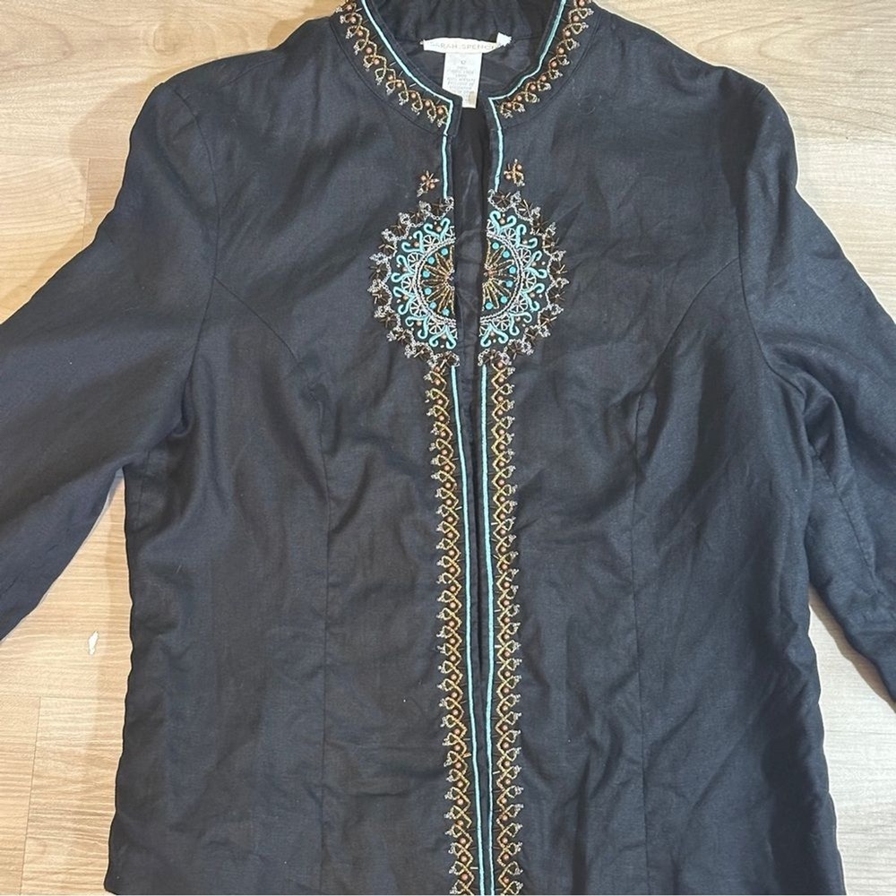 Sarah Spencer Jacket Black 12 Womens Linen Beaded Embroidered Boho Open Front - Picture 12 of 13